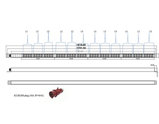 48xC13 IEC-Lock ut. 1x 3-fas 3x16A, 2.5 met. L: mm 1818