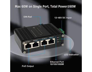 PoE-Injektor, 10/100/1000Base-T, Max 60W ut, 12-48VDC In