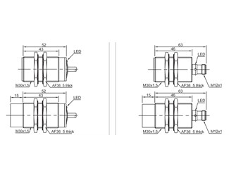 30mm cylinder, distans 15mm, NO, PNP,  M12 anslutning