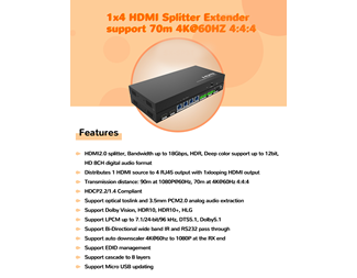 4K 70m över Cat6,18G, HDR, HDCP2.2, 1xHDMI Loopout
