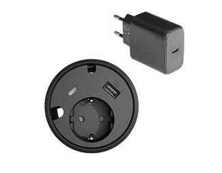 Svart typ F, USB-C, USB-A Laddare 12W