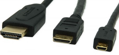 Från vänster; Standard HDMI (Type A), HDMI Mini (Type C) samt HDMI Micro (Type D)